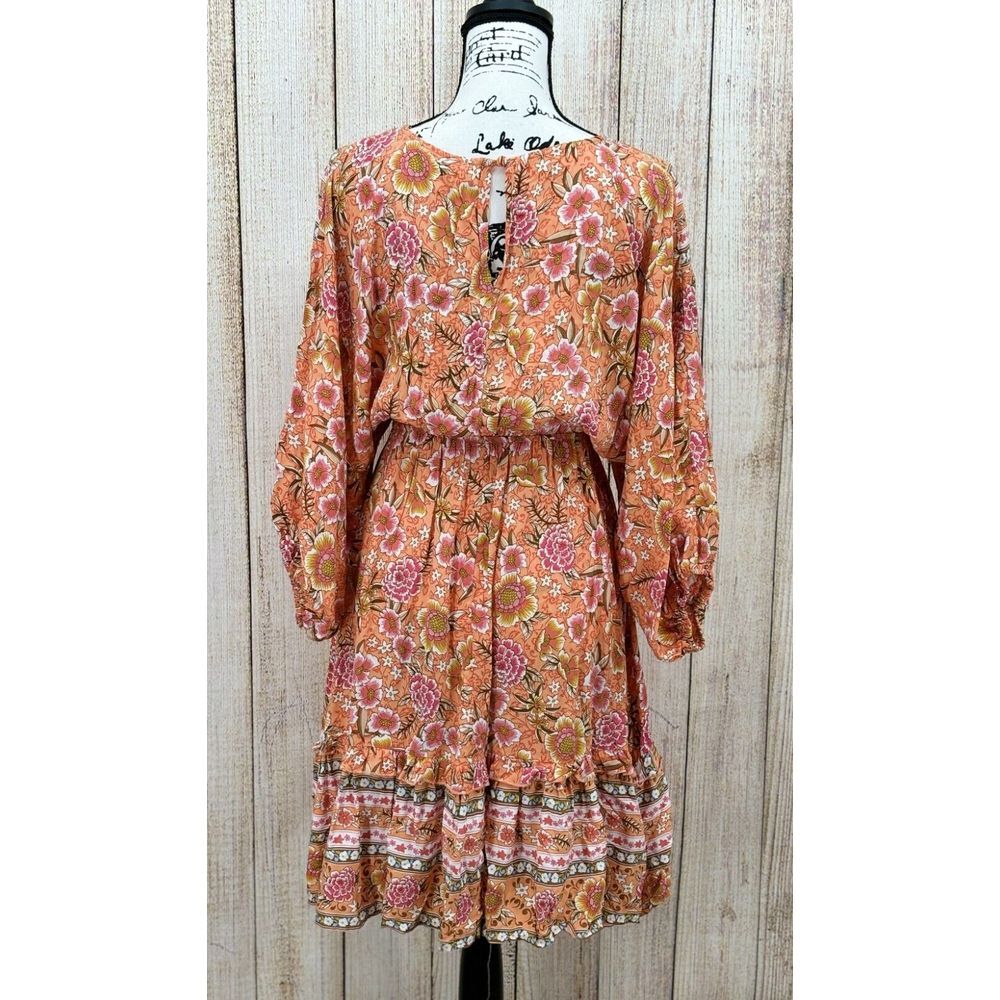 Umgee Size Small Tangerine Orange Floral Print Hi Low Midi Dress Boho Beach NWT - Picture 2 of 9